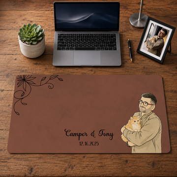 Personalized Cat & Owner Photo to Water Color Doodle Desk Mat with Custom Text