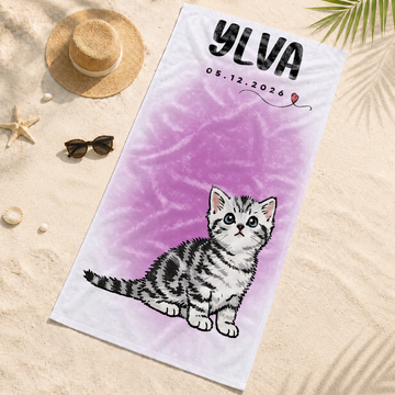 Custom Pet Watercolor Doodle Beach Towel with Personalized Text, Soft Dog or Cat Portrait Summer Gift