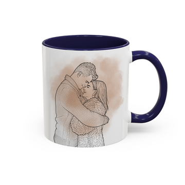 Personalized Couple Photo to Detailed Line Art Accent Mug with Custom Text - 11, 15 oz