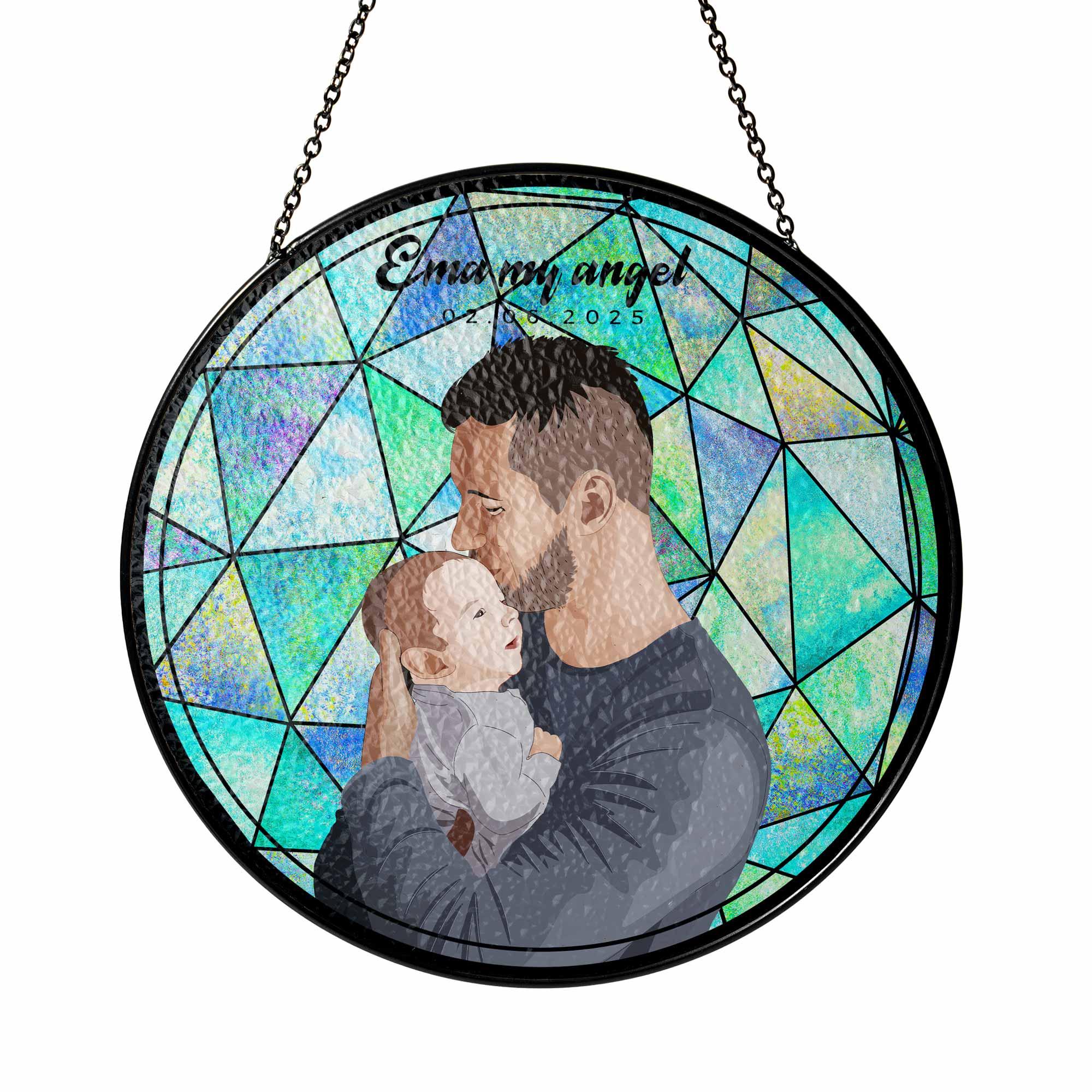 Personalized Turn Photo To Illustration Art, Dad Son Family Potrait Photo Father's Day Stained Glass Suncatcher, Window Hanging Gift for Dad-BeUnikArt