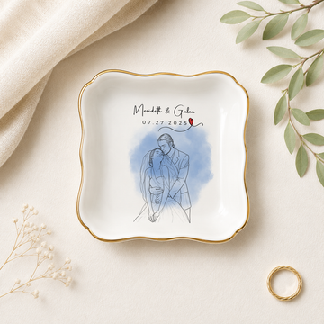 Personalized Engagement Wedding Photo Detailed Line Art Trinket Dish with Custom Text, Custom Couple Keepsake Gift