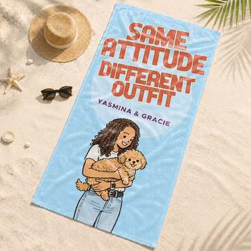 Custom Pet and Owner Funny Doodle Beach Towel with Personalized Text, Playful Photo Keepsake for Pet Lovers