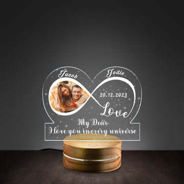 Personalized Couple Infinity Photo Night Light – Custom Wedding Anniversary Gift with Round Wooden Base