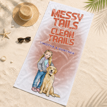Custom Pet and Owner Sketch Doodle Beach Towel with Personalized Text, Unique Hand-Drawn Gift for Pet Lovers