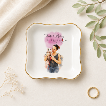 Custom Pet & Owner Photo Water Color Trinket Dish with Personalized Text, Custom Pet Parent Keepsake Gift