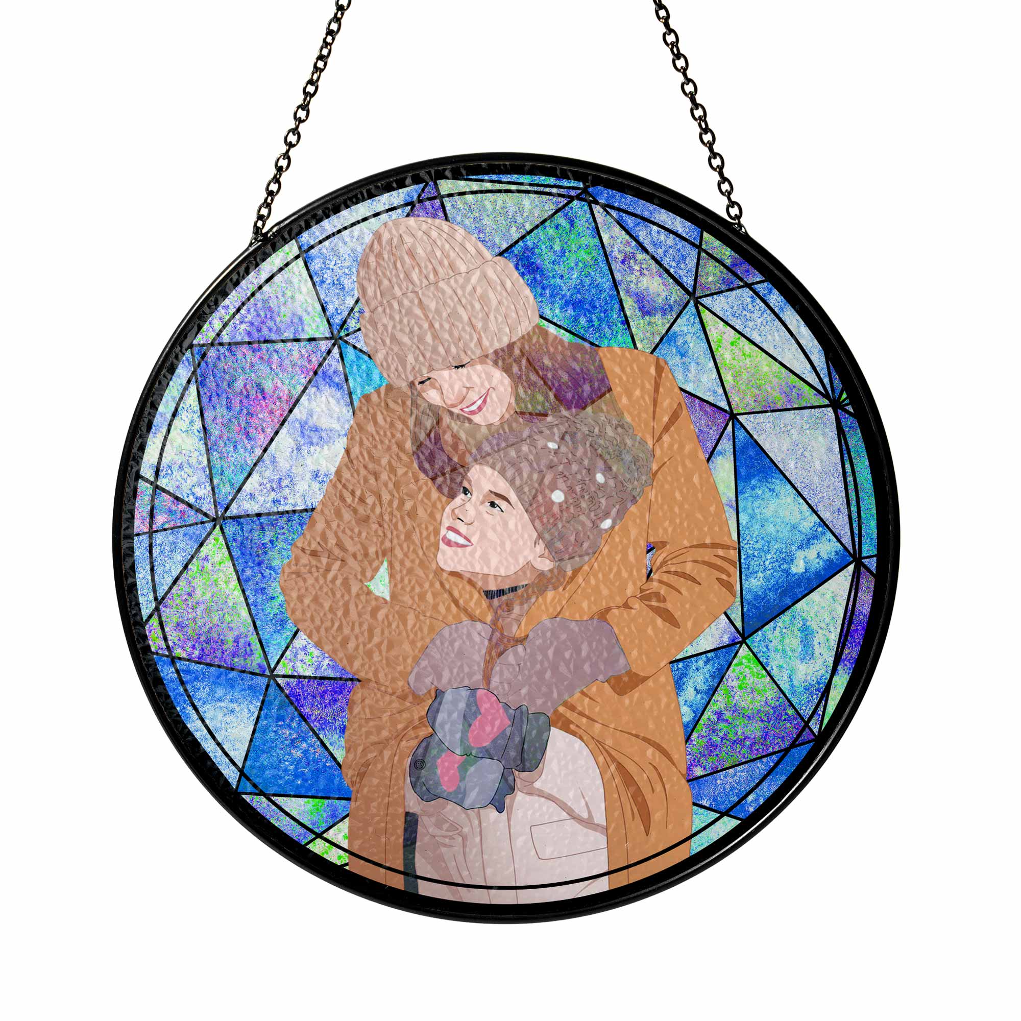 Custom Photo To Illustration Art, Mother Daughter Son Family Potrait Art Mother's Day Stained Glass Suncatcher, Window Hanging Gift for Mom-BeUnikArt