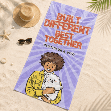Personalized Pet and Owner Funny Doodle Beach Towel with Custom Text, Cute Photo Gift for Pet Parents