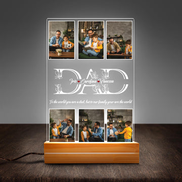 Personalized "DAD" Photo Night Light with Wooden Rectangle Base – Custom 6-Photo Collage Lamp, Father’s Day Gift