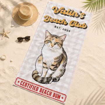Personalized Pet Sketch Doodle Beach Towel with Custom Text, Hand-Drawn Dog or Cat Summer Gift