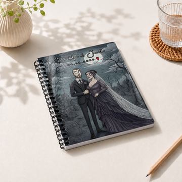 Personalized Gothic Wedding Spiral Bound Journal with Custom Text, Custom Couple Portrait Notebook Gift