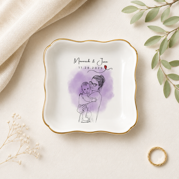 Personalized Mom & Kid Photo Detailed Line Art Trinket Dish with Custom Text, Custom Mother Keepsake Gift