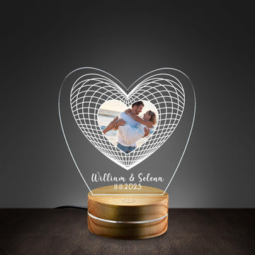 Personalized Heart Photo Night Light - Custom Names & Anniversary Date Acrylic Lamp - Romantic Wedding & Valentine's Day Gift