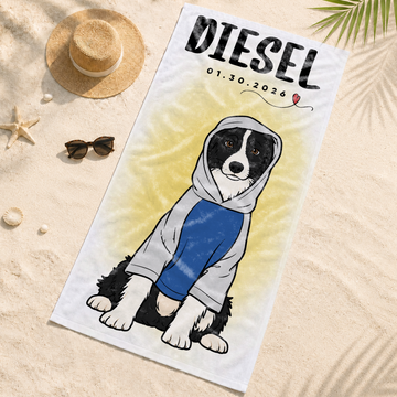 Personalized Pet and Owner Funny Doodle Beach Towel with Custom Text, Playful Summer Gift for Pet Lovers