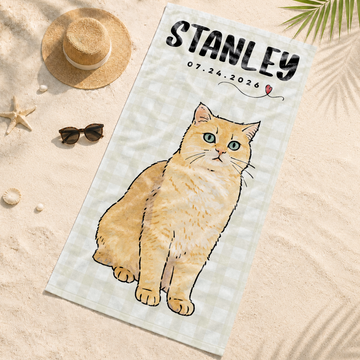 Personalized Pet Watercolor Doodle Beach Towel with Custom Text, Artistic Dog or Cat Photo Summer Gift