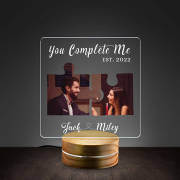 Personalized "You Complete Me" Puzzle Night Light - Custom Couple Photo & Names Acrylic Lamp - Romantic Anniversary Puzzle Piece Gift