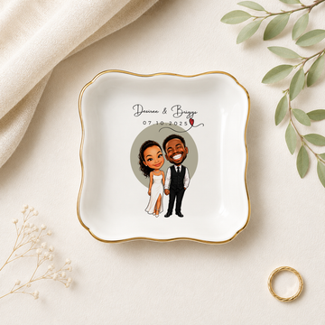 Personalized Wedding Photo Caricature Trinket Dish with Custom Text, Custom Bride and Groom Keepsake Gift