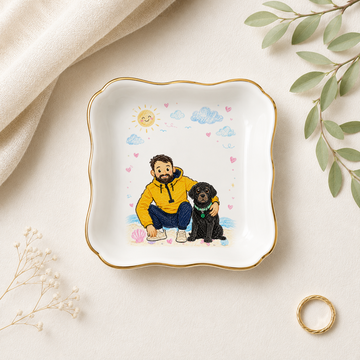 Custom Pet & Owner Photo Crayon Doodle Trinket Dish with Personalized Text, Cute Pet Parent Keepsake Gift