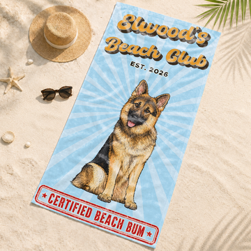 Personalized Pet Portrait Sketch Doodle Beach Towel with Custom Text, Cute Dog or Cat Summer Keepsake Gift