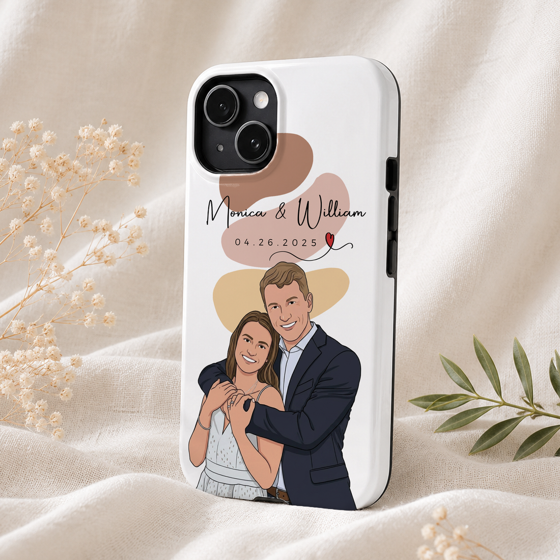 Tough Phone Case for iPhone & Samsung, Personalized Couple Illustration Case with Custom Text