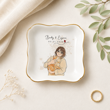 Custom Pet & Owner Photo Anime Illustration Trinket Dish with Personalized Text, Cute Pet Parent Keepsake Gift