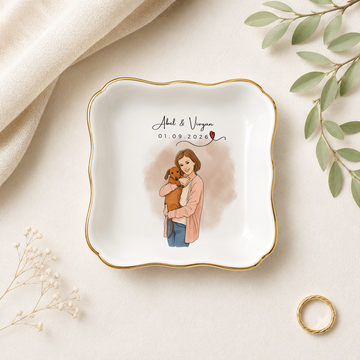 Custom Pet & Owner Photo Water Color Doodle Trinket Dish with Personalized Text, Cute Pet Parent Keepsake Gift