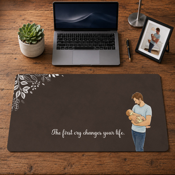 Personalized First Time Dad Photo to Water Color Doodle Desk Mat with Custom Text