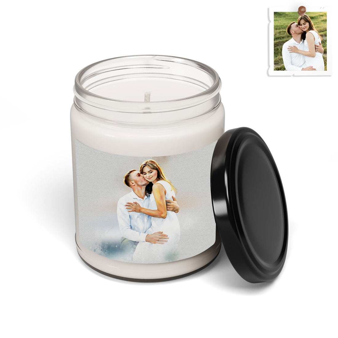 Custom Couple Portrait to Watercolor Style Art, Unique Anniversary Gift Scented Soy Candle, 9oz