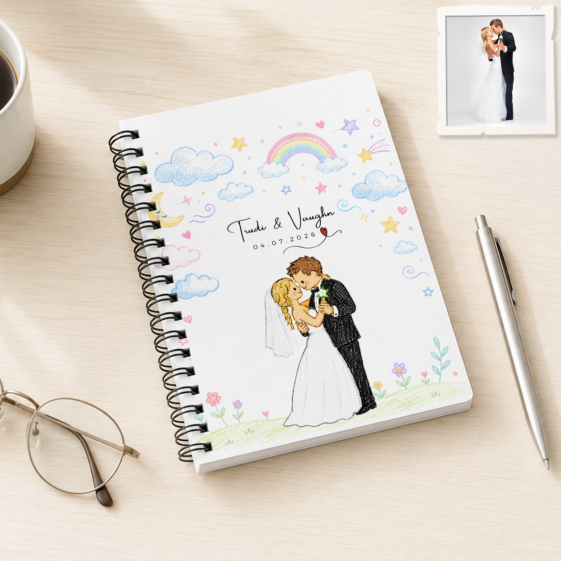 Personalized Wedding Crayon Doodle Spiral Bound Journal with Custom Text, Cute Custom Couple Portrait Notebook Gift