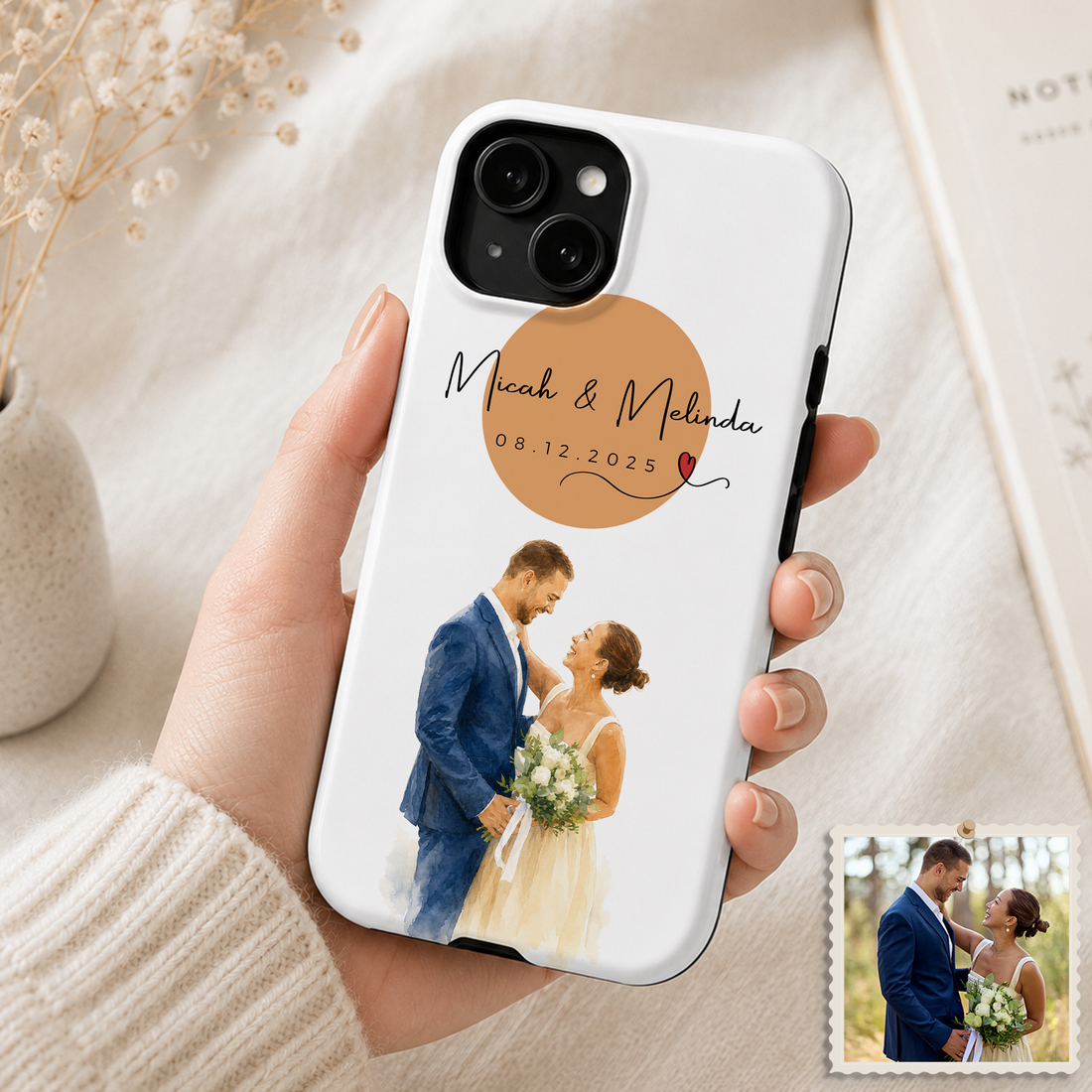 Tough Phone Case for iPhone & Samsung, Personalized Wedding Water Color Case with Custom Text