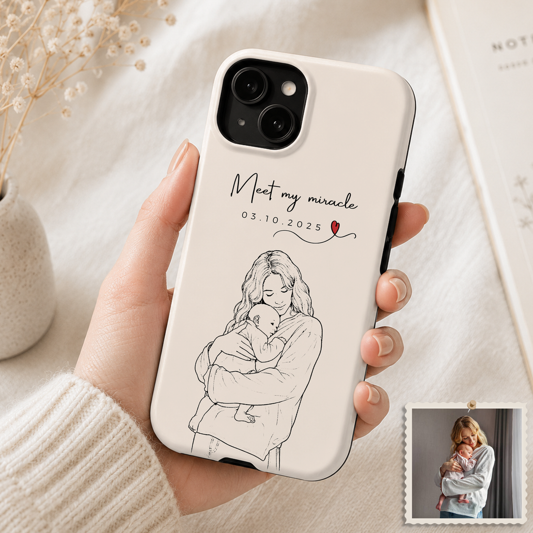 Tough Phone Case for iPhone & Samsung, Personalized First Time Mom Detailed Line Art Case with Custom Text