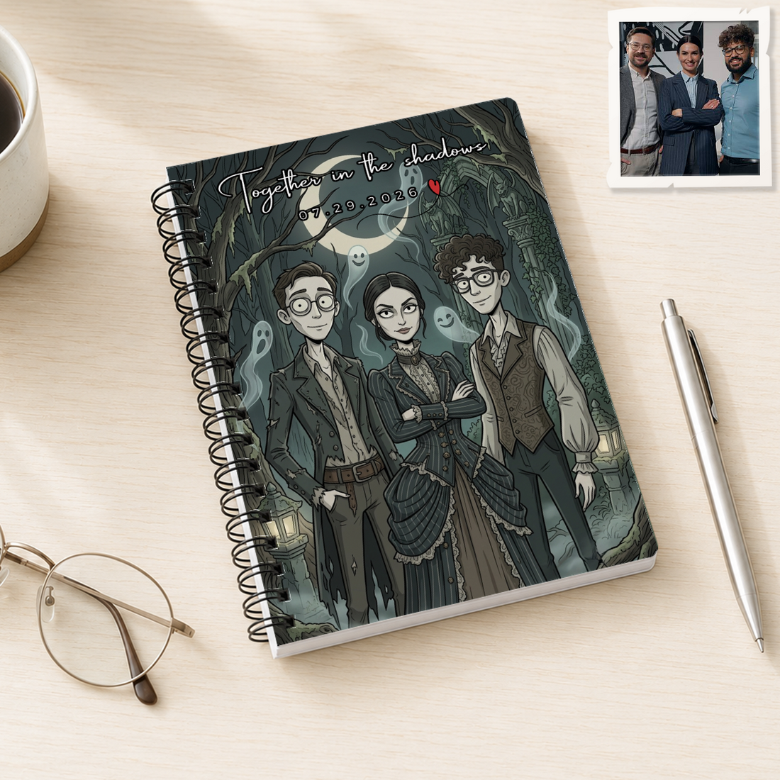 Personalized Gothic Friends Spiral Bound Journal with Custom Text, Custom Group Portrait Notebook Gift