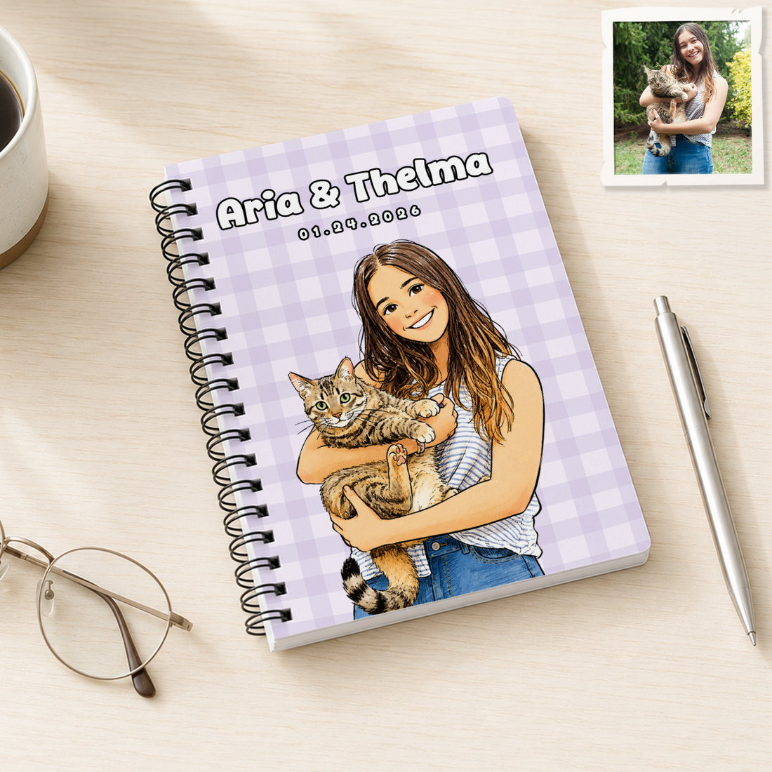 Personalized Pet and Owner Sketch Doodle Spiral Bound Journal with Custom Text, Custom Pet Portrait Notebook Gift
