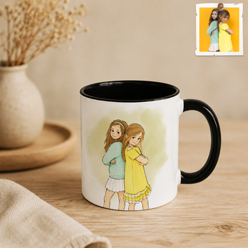 Personalized Siblings Photo to Water Color Doodle Accent Mug with Custom Text