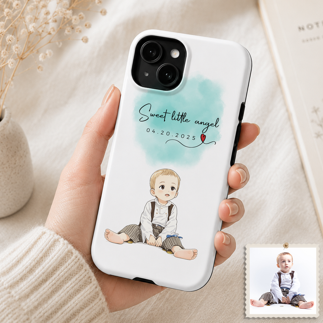 Tough Phone Case for iPhone & Samsung, Personalized Baby Anime Illustration Case with Custom Text