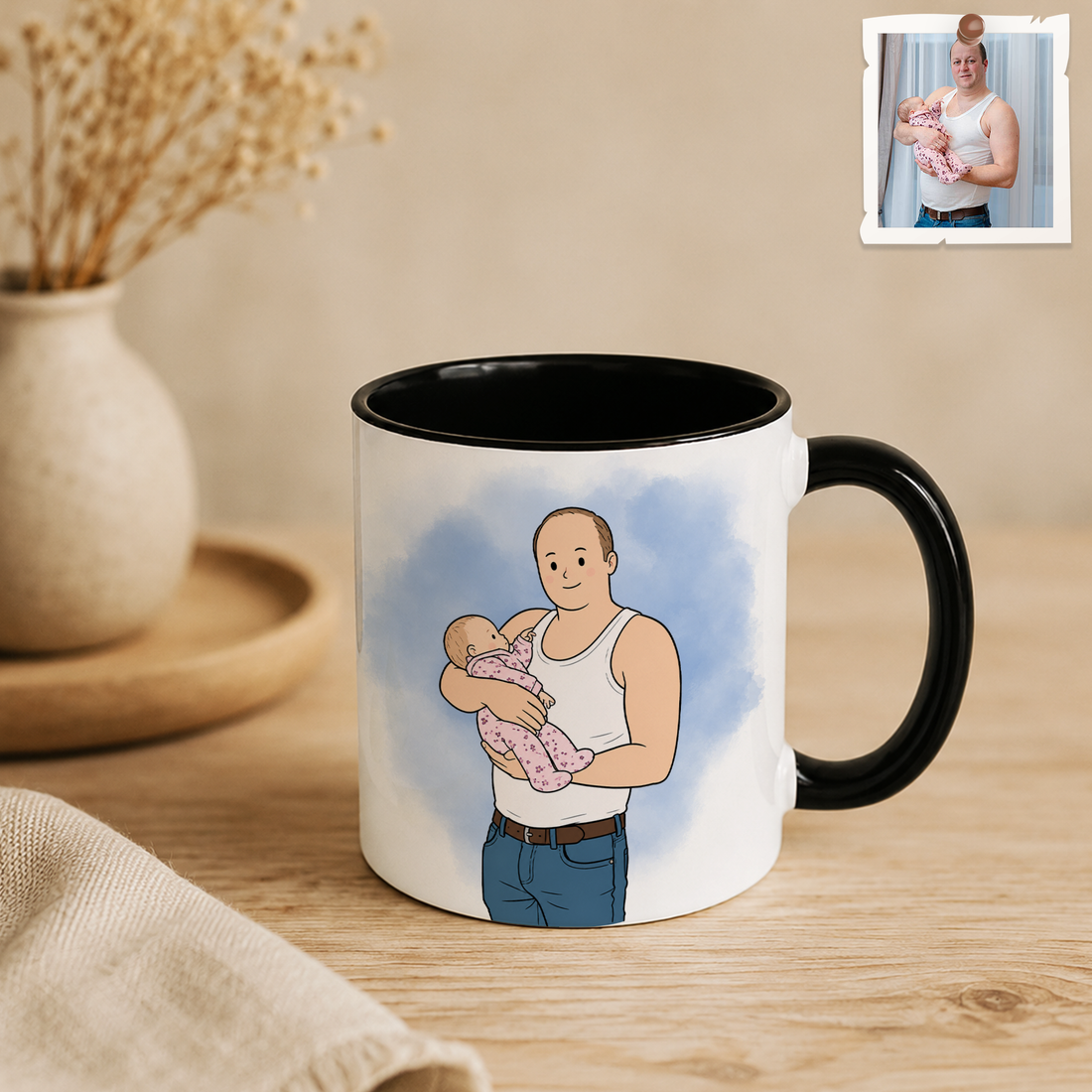 Personalized Baby With Dad Photo Funny Doodle Accent Mug with Custom Text, Custom Father Coffee Cup Gift - 11, 15 oz