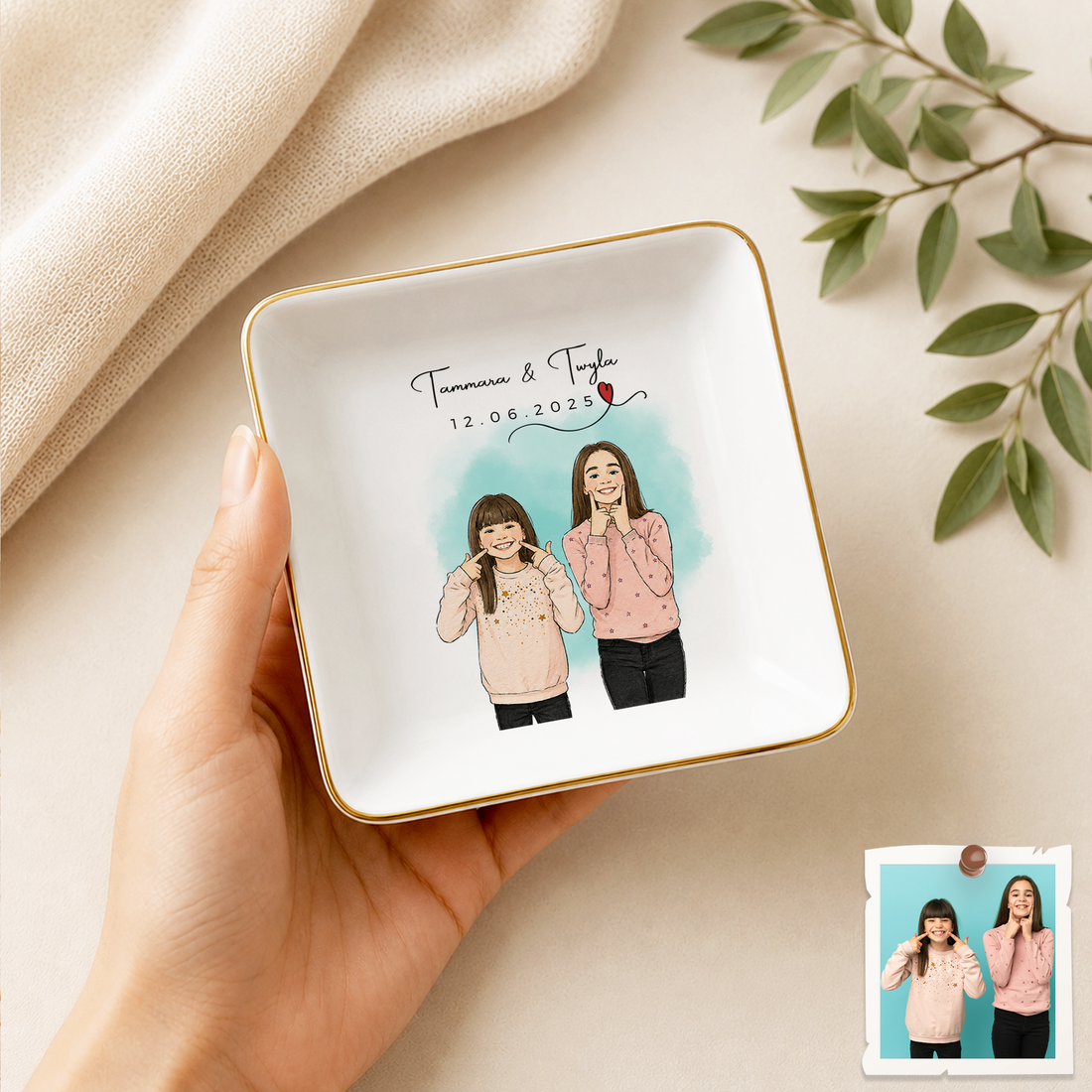 Personalized Siblings Photo Water Color Doodle Trinket Dish with Custom Text, Custom Brother Sister Keepsake Gift
