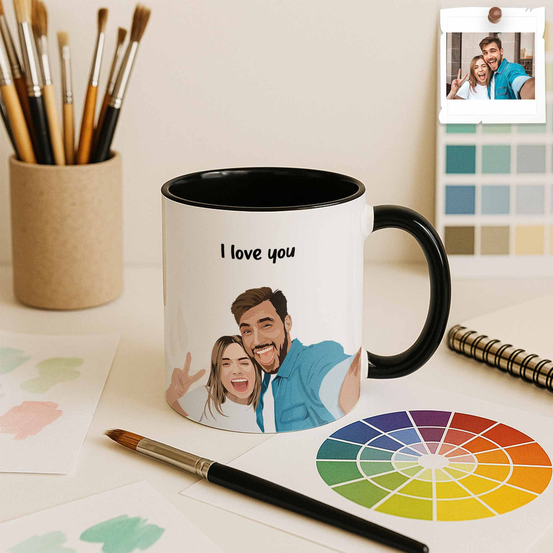 Personalized Couple Illustration Anniversary Gift, Custom Portrait from Photo on Accent Coffee Mug (11, 15oz)-BeUnikArt