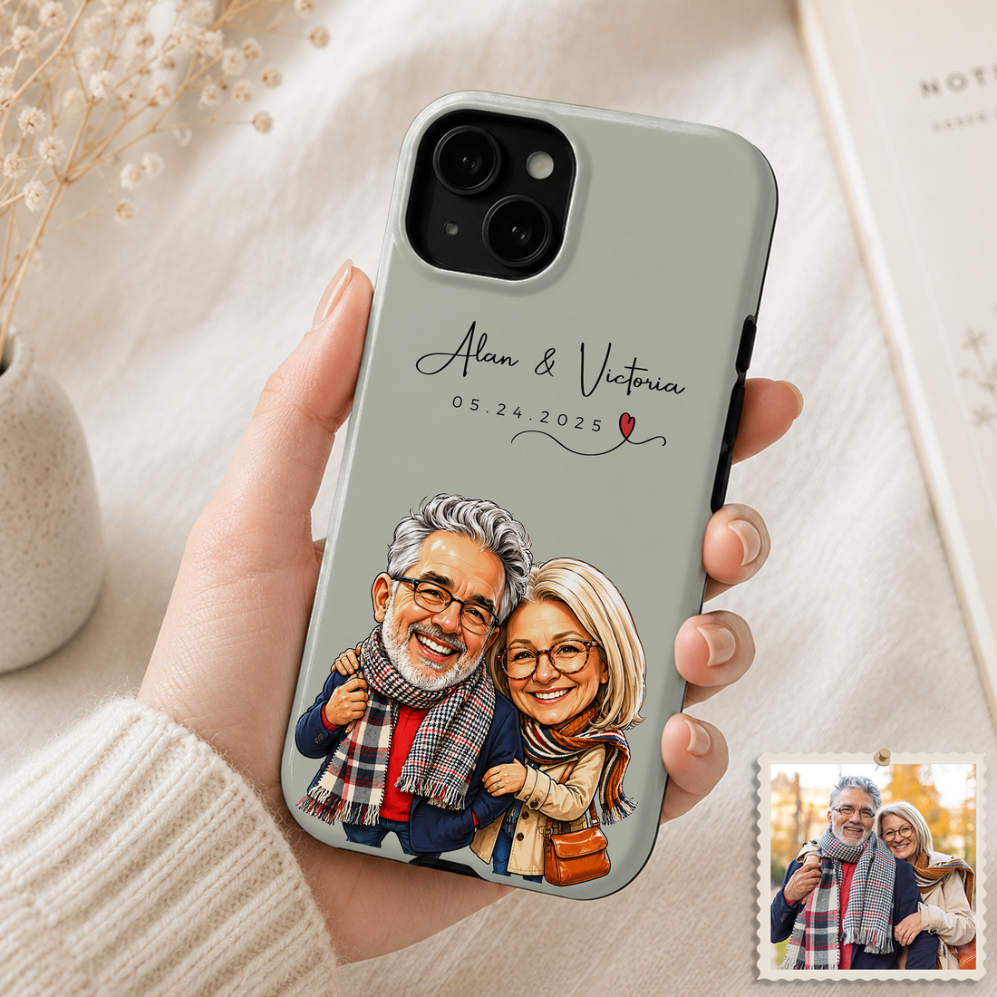 Tough Phone Case for iPhone & Samsung, Personalized Couple Caricature Case with Custom Text