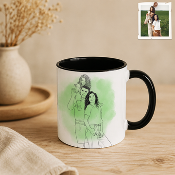 Personalized Big Family Photo to Detailed Line Art Accent Mug with Custom Text - 11, 15 oz