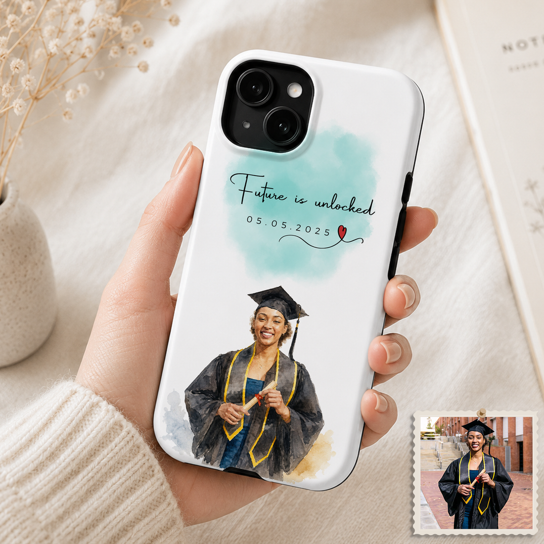 Tough Phone Case for iPhone & Samsung, Personalized Graduation Water Color Case with Custom Text