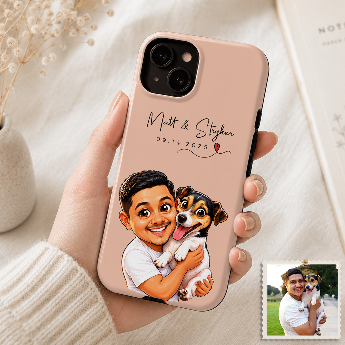 Tough Phone Case for iPhone & Samsung, Personalized Pet & Owner Caricature Case with Custom Text