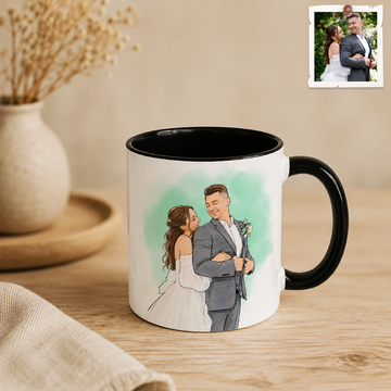 Personalized Wedding Photo to Water Color Doodle Accent Mug with Custom Text