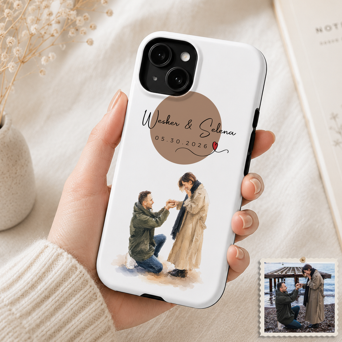Tough Phone Case for iPhone & Samsung, Personalized Engagement Water Color Case with Custom Text