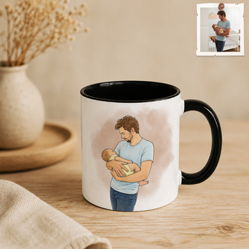Personalized First Time Dad Photo to Water Color Doodle Accent Mug with Custom Text