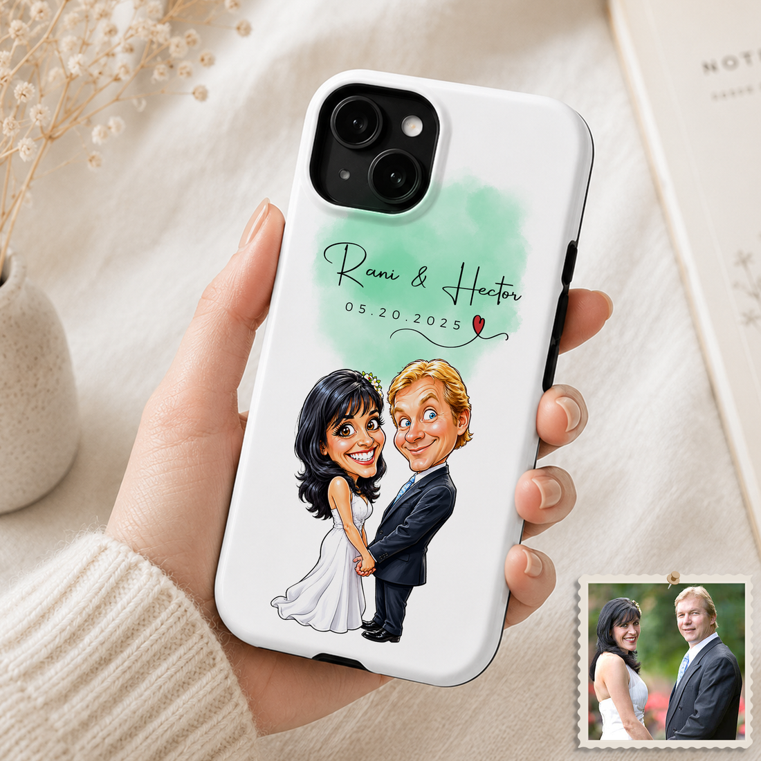 Tough Phone Case for iPhone & Samsung, Personalized Wedding Caricature Case with Custom Text