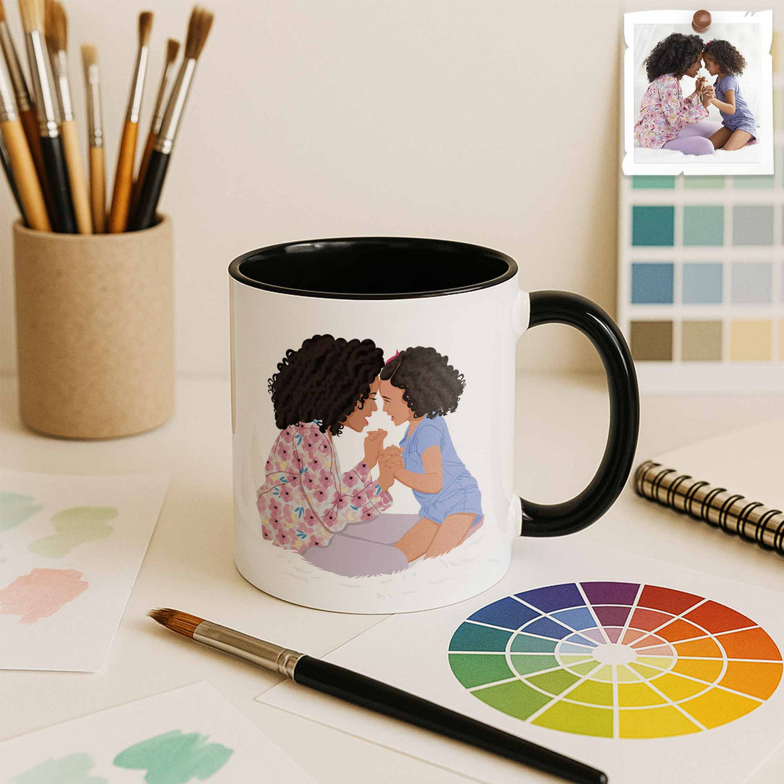 Personalized Illustration Art From Portrait Photo, Mom and Kid Memorial, Mothers Day Accent Coffee Mug (11, 15oz)-BeUnikArt