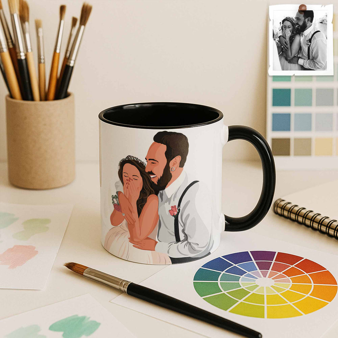 Personalized Wedding Illustration Art, Unique Gift for Newlyweds, Wedding Anniversary Accent Coffee Mug (11, 15oz)-BeUnikArt