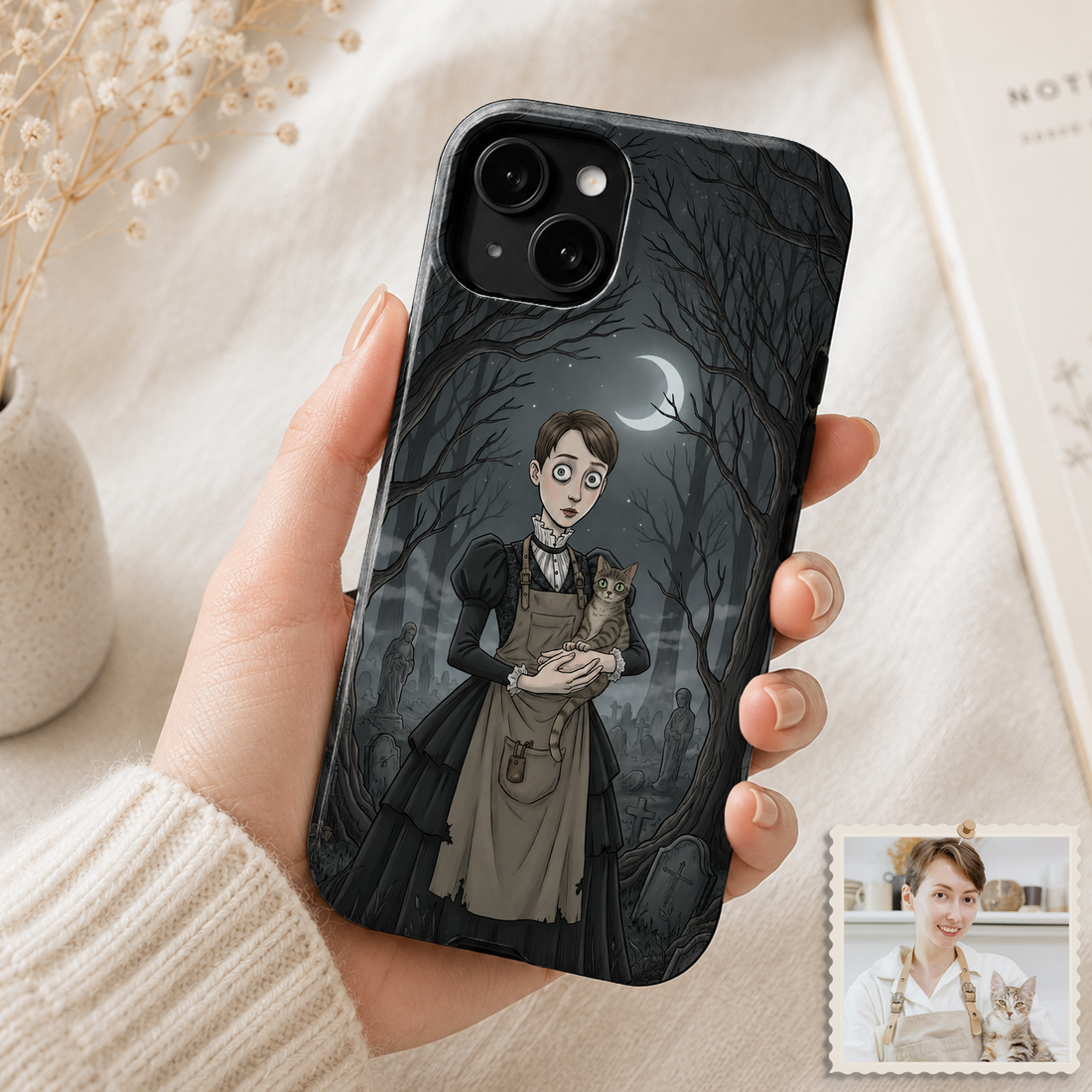 Custom Animal Tough Phone Case, Personalized Pet Photo Gothic Illustration Case with Name or Text