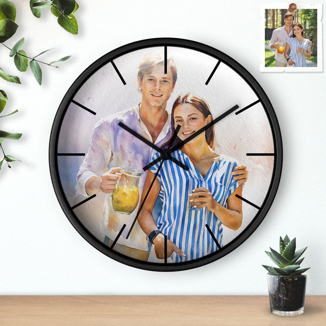 Personalized Love Photo To Art, Couple Portrait Watercolor Style Clock