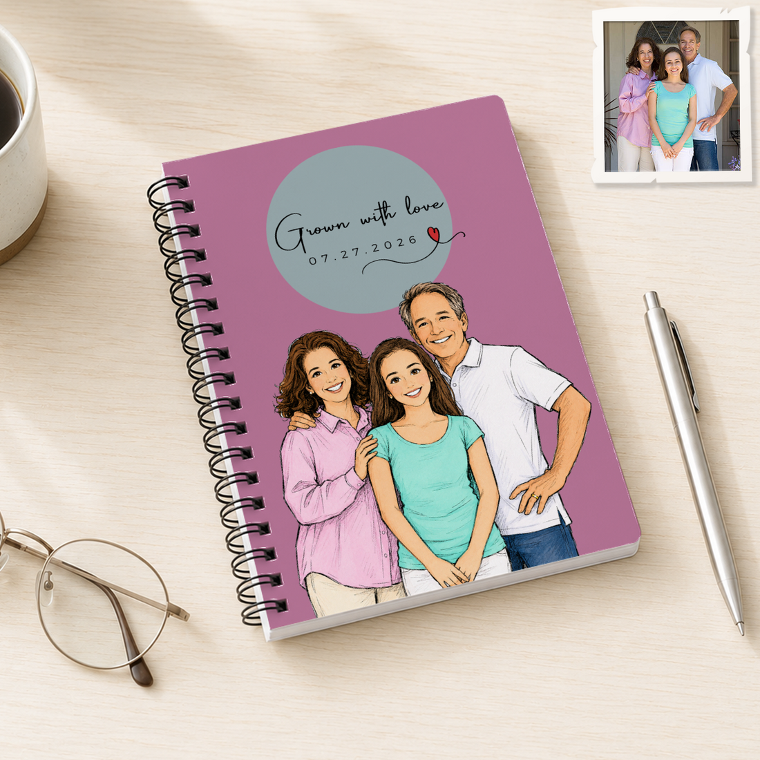 Personalized Family Sketch Doodle Spiral Bound Journal with Custom Text, Custom Family Portrait Notebook Gift